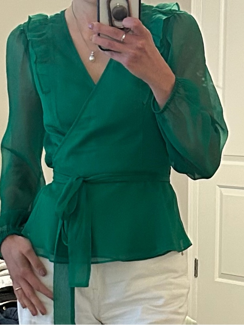 Draper James Kelly Green Wrap Blouse with Tie Waist & Sheer Sleeves